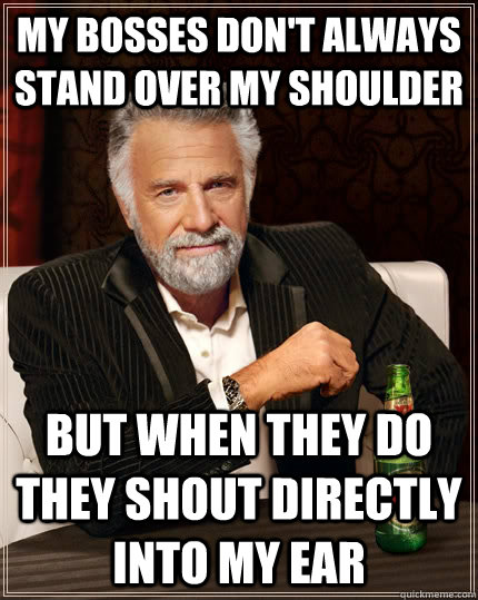 My bosses don't always stand over my shoulder but when they do they shout directly into my ear  The Most Interesting Man In The World