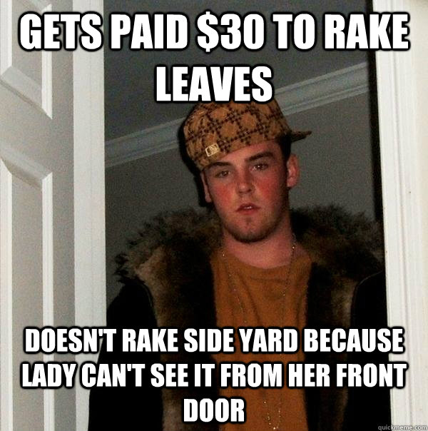 Gets paid $30 to rake leaves doesn't Rake side yard because lady can't see it from her front door - Gets paid $30 to rake leaves doesn't Rake side yard because lady can't see it from her front door  Scumbag Steve