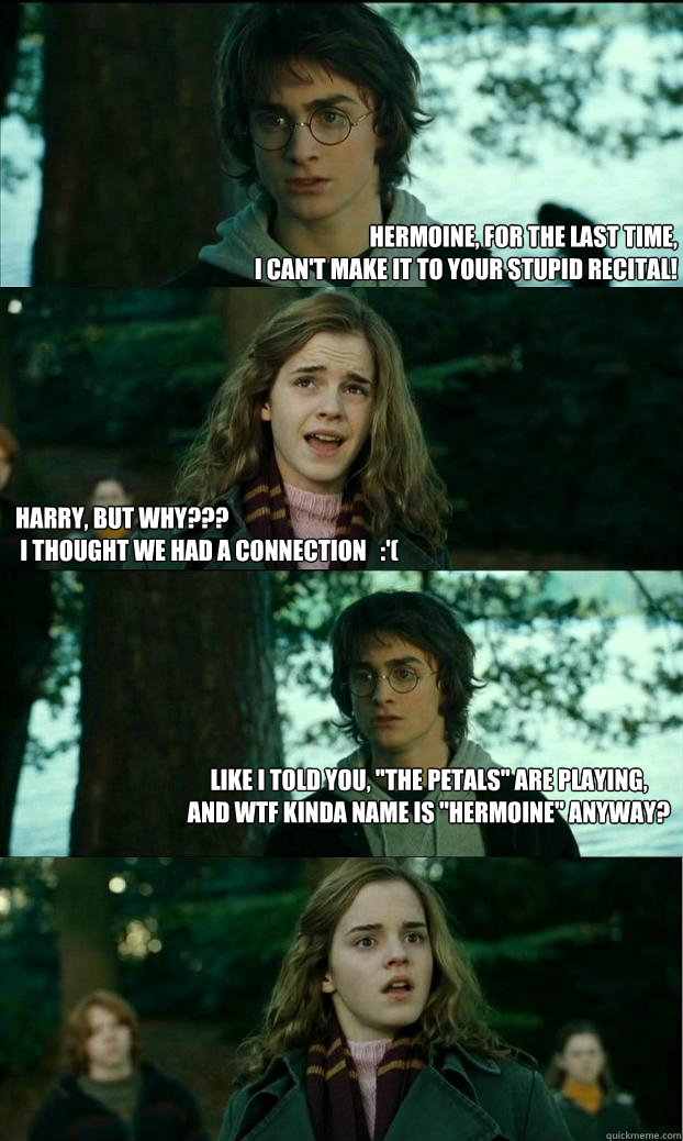 hermoine, for the last time, 
i can't make it to your stupid recital! harry, but why??? 
 i thought we had a connection   :'( like i told you, 