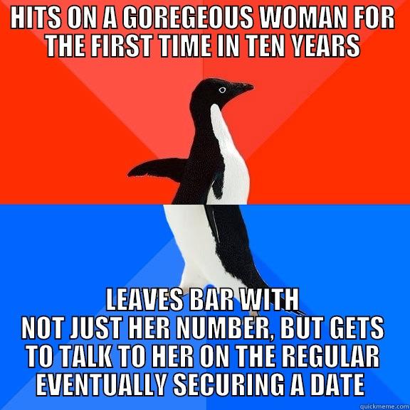 HITS ON A GOREGEOUS WOMAN FOR THE FIRST TIME IN TEN YEARS LEAVES BAR WITH NOT JUST HER NUMBER, BUT GETS TO TALK TO HER ON THE REGULAR EVENTUALLY SECURING A DATE  Socially Awesome Awkward Penguin