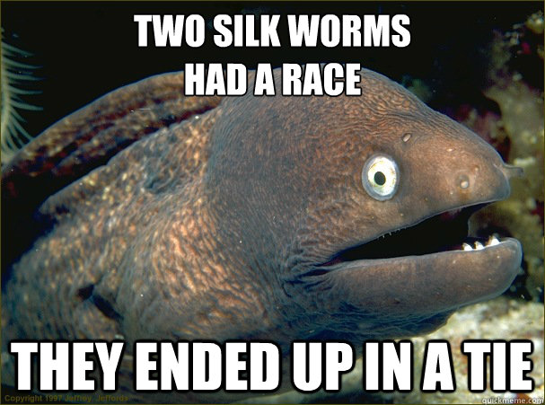 Two Silk worms 
had a race They ended up in a tie  Bad Joke Eel