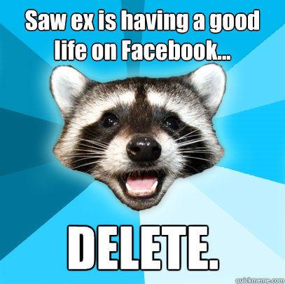 Saw ex is having a good life on Facebook... DELETE.  Lame Pun Coon