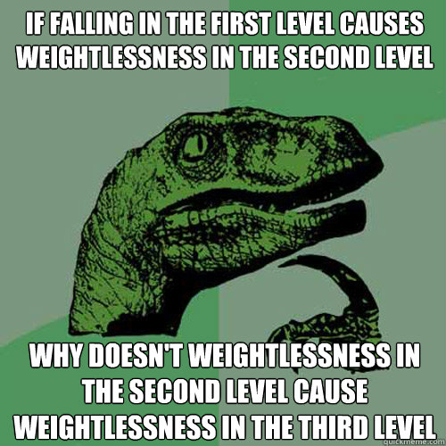 If falling in the first level causes weightlessness in the second level why doesn't weightlessness in the second level cause weightlessness in the third level  Philosoraptor