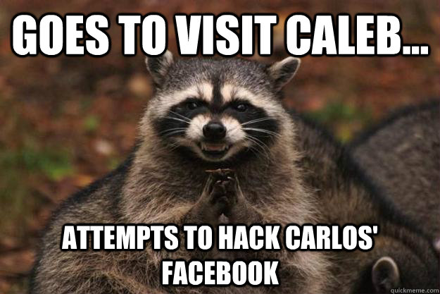 Goes to visit Caleb... Attempts to hack Carlos' Facebook  Evil Plotting Raccoon