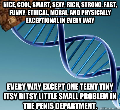 Nice, cool, smart, sexy, rich, strong, fast, funny, ethical, moral, and physically exceptional in every way every way except one teeny tiny itsy bitsy little small problem in the penis department.    Scumbag DNA