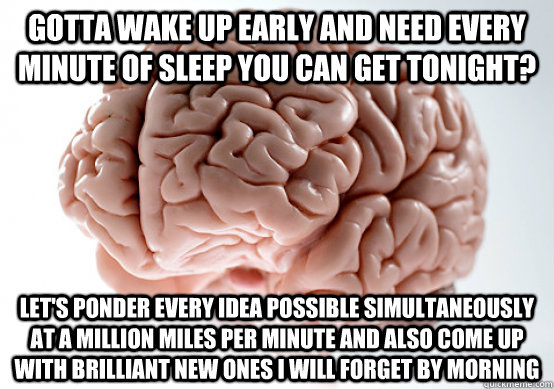 gotta wake up early and need every minute of sleep you can get tonight? let's ponder every idea possible simultaneously at a million miles per minute and also come up with brilliant new ones i will forget by morning - gotta wake up early and need every minute of sleep you can get tonight? let's ponder every idea possible simultaneously at a million miles per minute and also come up with brilliant new ones i will forget by morning  Scumbag brain on life