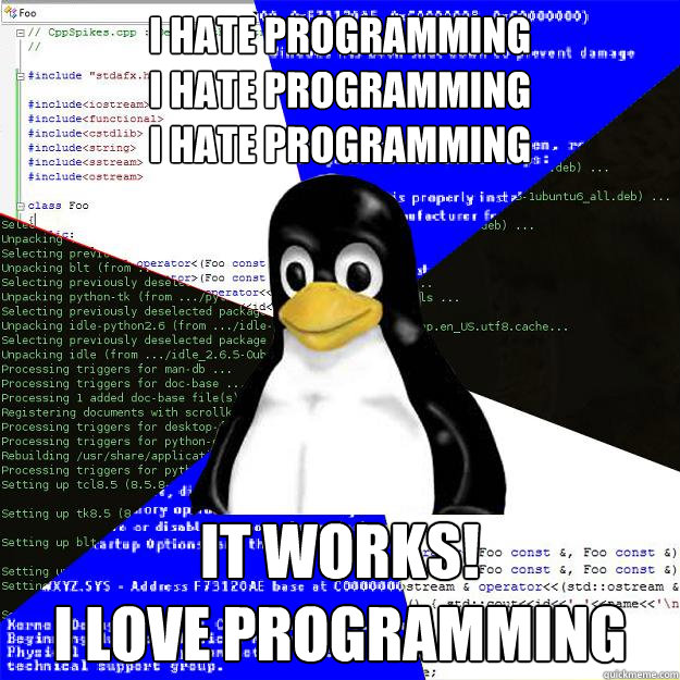 I hate programming
i hate programming 
i hate programming it works!
i love programming  