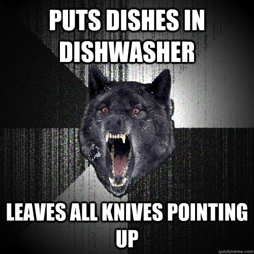 Puts dishes in dishwasher leaves all knives pointing up  Insanity Wolf