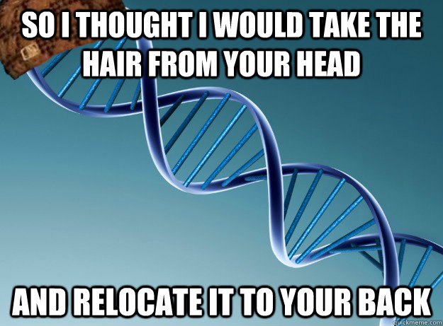 So i thought I would take the hair from your head  And relocate it to your back  Scumbag Genetics