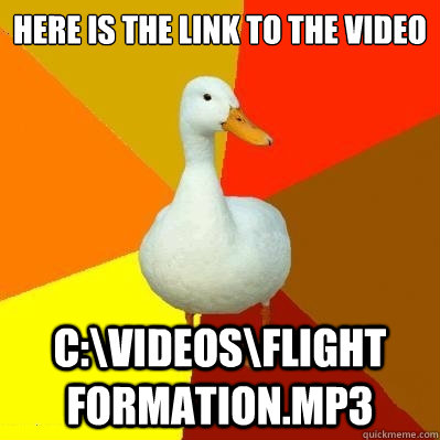 Here is the link to the video C:\Videos\Flight Formation.mp3  Tech Impaired Duck