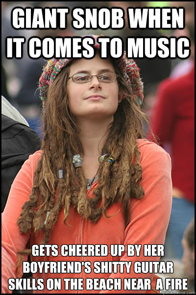 giant snob when it comes to music gets cheered up by her boyfriend's shitty guitar skills on the beach near  a fire  College Liberal