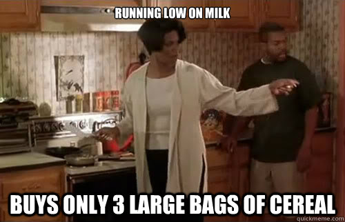 Running low on milk buys only 3 large bags of cereal  