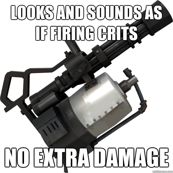 Looks and sounds as if firing crits No extra damage  Scumbag Minigun