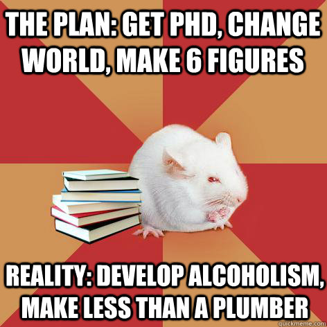 The plan: Get PhD, change world, make 6 figures Reality: Develop alcoholism, make less than a plumber - The plan: Get PhD, change world, make 6 figures Reality: Develop alcoholism, make less than a plumber  Science Major Mouse