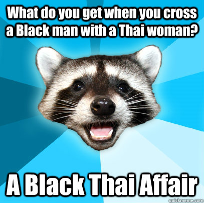 What do you get when you cross a Black man with a Thai woman? A Black Thai Affair  Lame Pun Coon