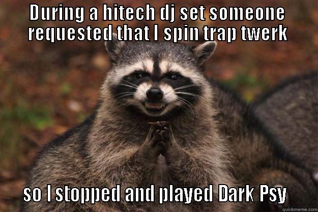 DURING A HITECH DJ SET SOMEONE REQUESTED THAT I SPIN TRAP TWERK   SO I STOPPED AND PLAYED DARK PSY    Evil Plotting Raccoon