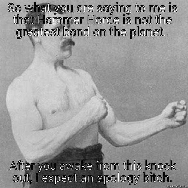 SO WHAT YOU ARE SAYING TO ME IS THAT HAMMER HORDE IS NOT THE GREATEST BAND ON THE PLANET.. AFTER YOU AWAKE FROM THIS KNOCK OUT, I EXPECT AN APOLOGY BITCH. overly manly man