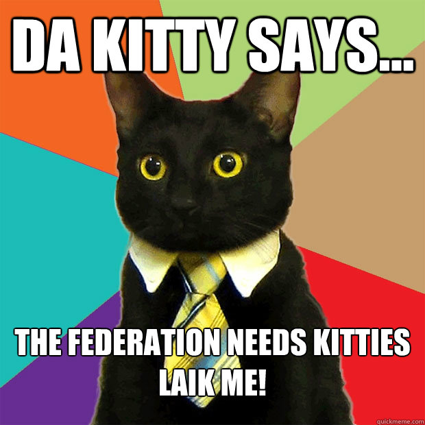 Da Kitty says... The Federation needs kitties laik me!  Business Cat