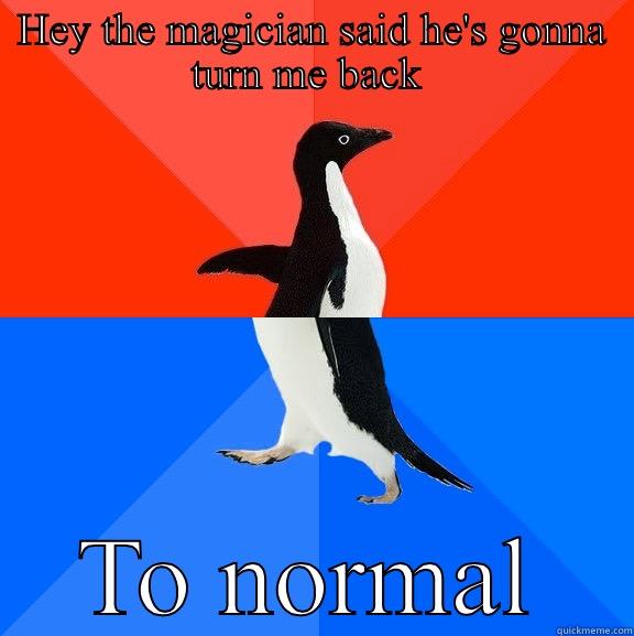 HEY THE MAGICIAN SAID HE'S GONNA TURN ME BACK  TO NORMAL Socially Awesome Awkward Penguin