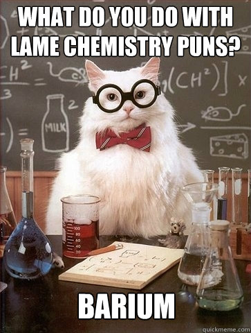 What do you do with lame chemistry puns? Barium  Chemistry Cat