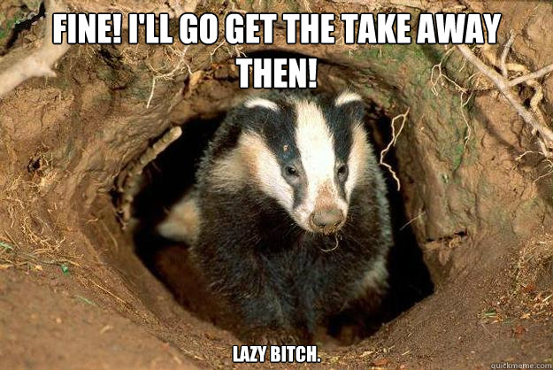 Fine! I'll go get the take away then! 
Lazy bitch.   Sexual innuendo Badger