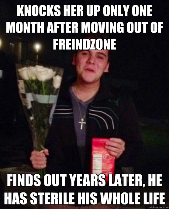 Knocks Her Up only one month after moving out of Freindzone  Finds out years later, he has sterile his whole life  Friendzone Johnny