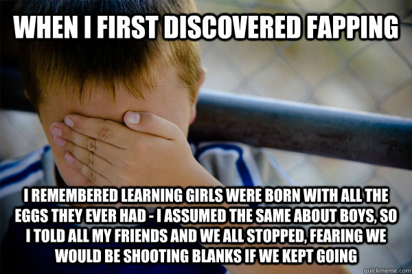 When i first discovered fapping I remembered learning girls were born with all the eggs they ever had - I assumed the same about boys, so I told all my friends and we all stopped, fearing we would be shooting blanks if we kept going  Confession kid