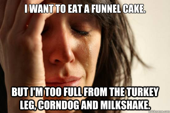 I want to eat a funnel cake. But I'm too full from the turkey leg, corndog and milkshake. - I want to eat a funnel cake. But I'm too full from the turkey leg, corndog and milkshake.  First World Problems