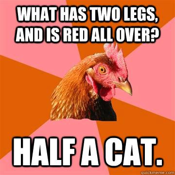 What has two legs, and is red all over? half a cat.  Anti-Joke Chicken