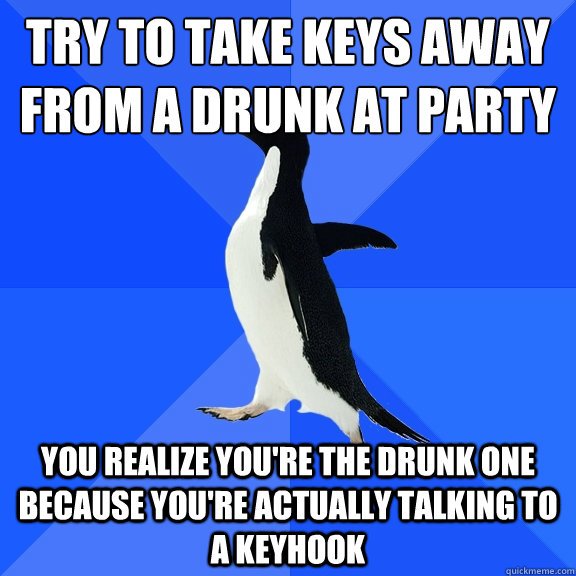 try to take keys away from a drunk at party  you realize you're the drunk one because you're actually talking to a keyhook - try to take keys away from a drunk at party  you realize you're the drunk one because you're actually talking to a keyhook  Socially Awkward Penguin