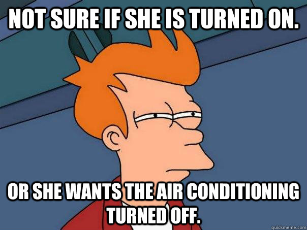 Not sure if she is turned on. Or she wants the Air conditioning turned off.  Futurama Fry