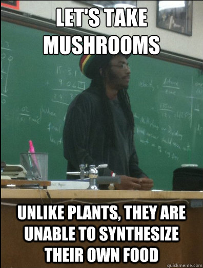 let's take mushrooms unlike plants, they are unable to synthesize their own food  Rasta Science Teacher