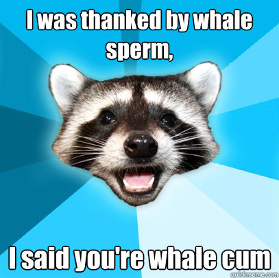 I was thanked by whale sperm, I said you're whale cum  Lame Pun Coon