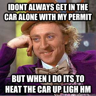 idont always get in the car alone with my permit but when i do its to heat the car up ligh hm  Condescending Wonka