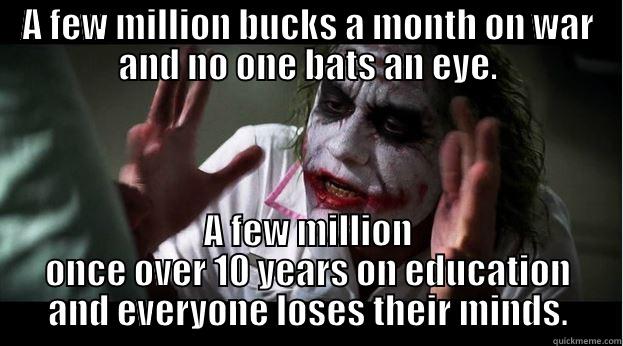 schooled by joker - A FEW MILLION BUCKS A MONTH ON WAR AND NO ONE BATS AN EYE. A FEW MILLION ONCE OVER 10 YEARS ON EDUCATION AND EVERYONE LOSES THEIR MINDS. Joker Mind Loss