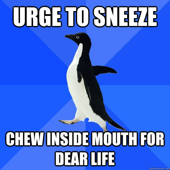 Urge to sneeze chew inside mouth for dear life  Socially Awkward Penguin