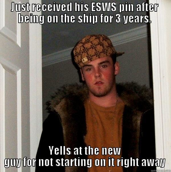 JUST RECEIVED HIS ESWS PIN AFTER BEING ON THE SHIP FOR 3 YEARS. YELLS AT THE NEW GUY FOR NOT STARTING ON IT RIGHT AWAY Scumbag Steve