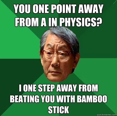 you one point away from a in physics? i one step away from beating you with bamboo stick  High Expectations Asian Father