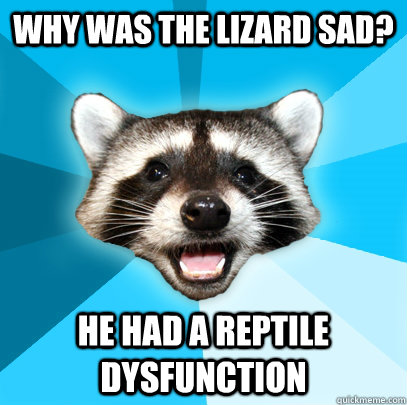 why was the lizard sad? he had a reptile dysfunction  Lame Pun Coon