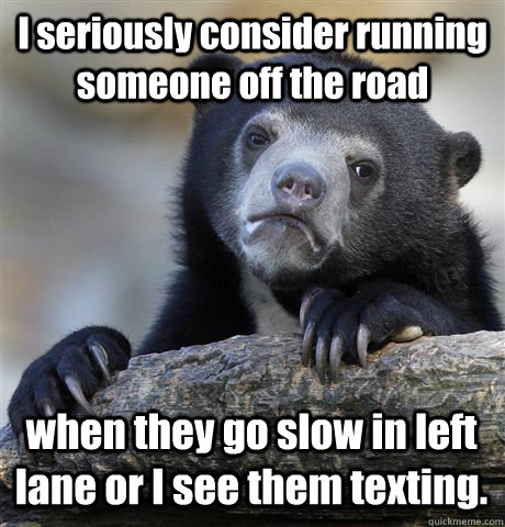 I seriously consider running someone off the road when they go slow in left lane or I see them texting.  - I seriously consider running someone off the road when they go slow in left lane or I see them texting.   Confession Bear