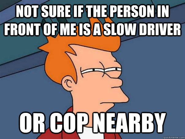 not sure if the person in front of me is a slow driver or cop nearby - not sure if the person in front of me is a slow driver or cop nearby  Futurama Fry