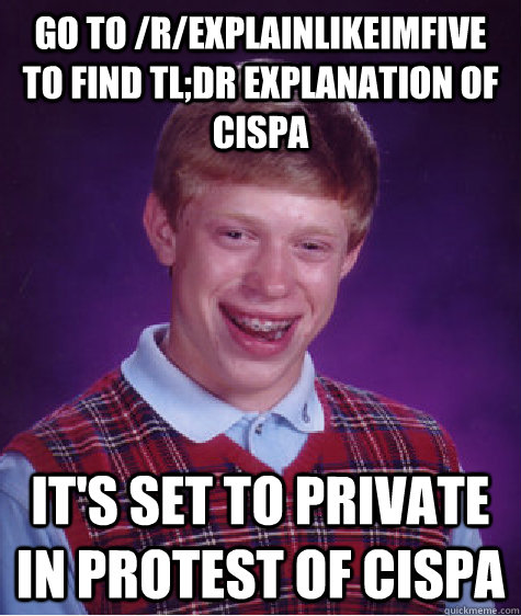 go to /r/explainlikeimfive to find tl;dr explanation of cispa it's set to private in protest of cispa  Bad Luck Brian