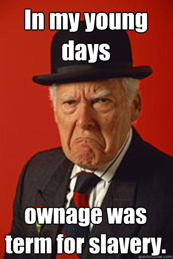 In my young days ownage was term for slavery.  Pissed old guy
