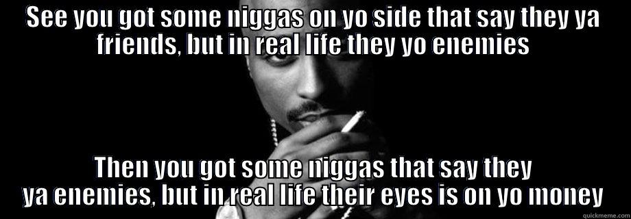 SEE YOU GOT SOME NIGGAS ON YO SIDE THAT SAY THEY YA FRIENDS, BUT IN REAL LIFE THEY YO ENEMIES THEN YOU GOT SOME NIGGAS THAT SAY THEY YA ENEMIES, BUT IN REAL LIFE THEIR EYES IS ON YO MONEY Misc