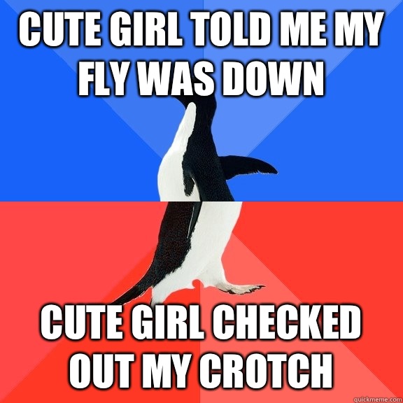 Cute girl told me my fly was down Cute girl checked out my crotch  Socially Awkward Awesome Penguin