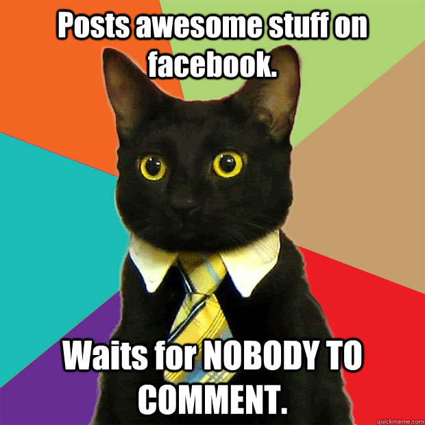 Posts awesome stuff on facebook. Waits for NOBODY TO COMMENT.  Business Cat