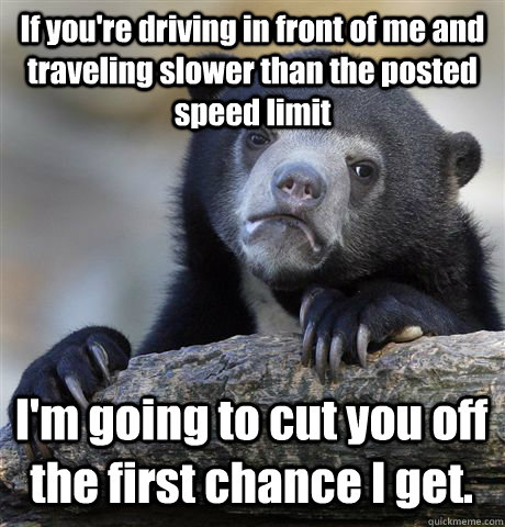 If you're driving in front of me and traveling slower than the posted speed limit I'm going to cut you off the first chance I get. - If you're driving in front of me and traveling slower than the posted speed limit I'm going to cut you off the first chance I get.  Confession Bear