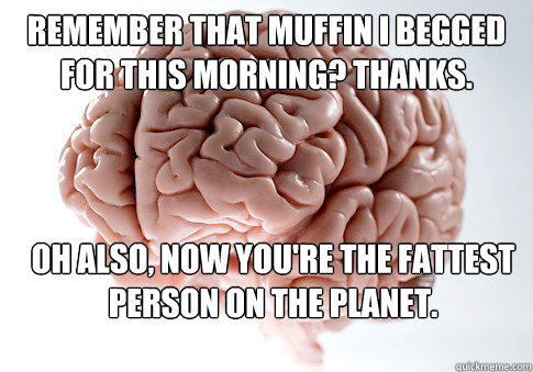 Remember that muffin I begged for this morning? Thanks. Oh also, now you're the fattest person on the planet.   - Remember that muffin I begged for this morning? Thanks. Oh also, now you're the fattest person on the planet.    Scumbag Brain