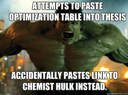 Attempts to paste optimization table into thesis accidentally pastes link to Chemist hulk instead. - Attempts to paste optimization table into thesis accidentally pastes link to Chemist hulk instead.  hulk