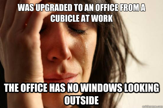 Was upgraded to an office from a cubicle at work The office has no windows looking outside  First World Problems